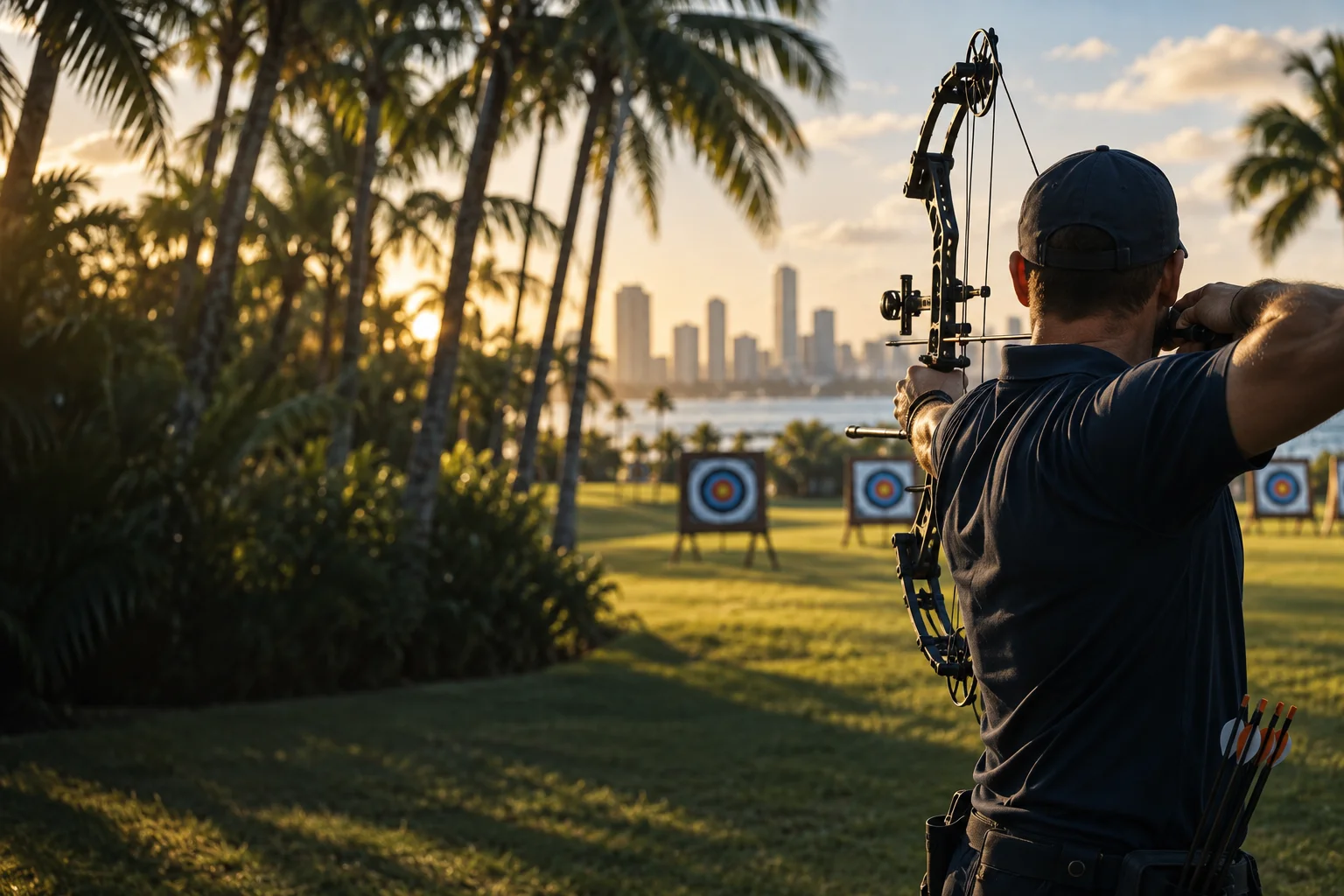 Archer aiming a compound bow on an outdoor archery range